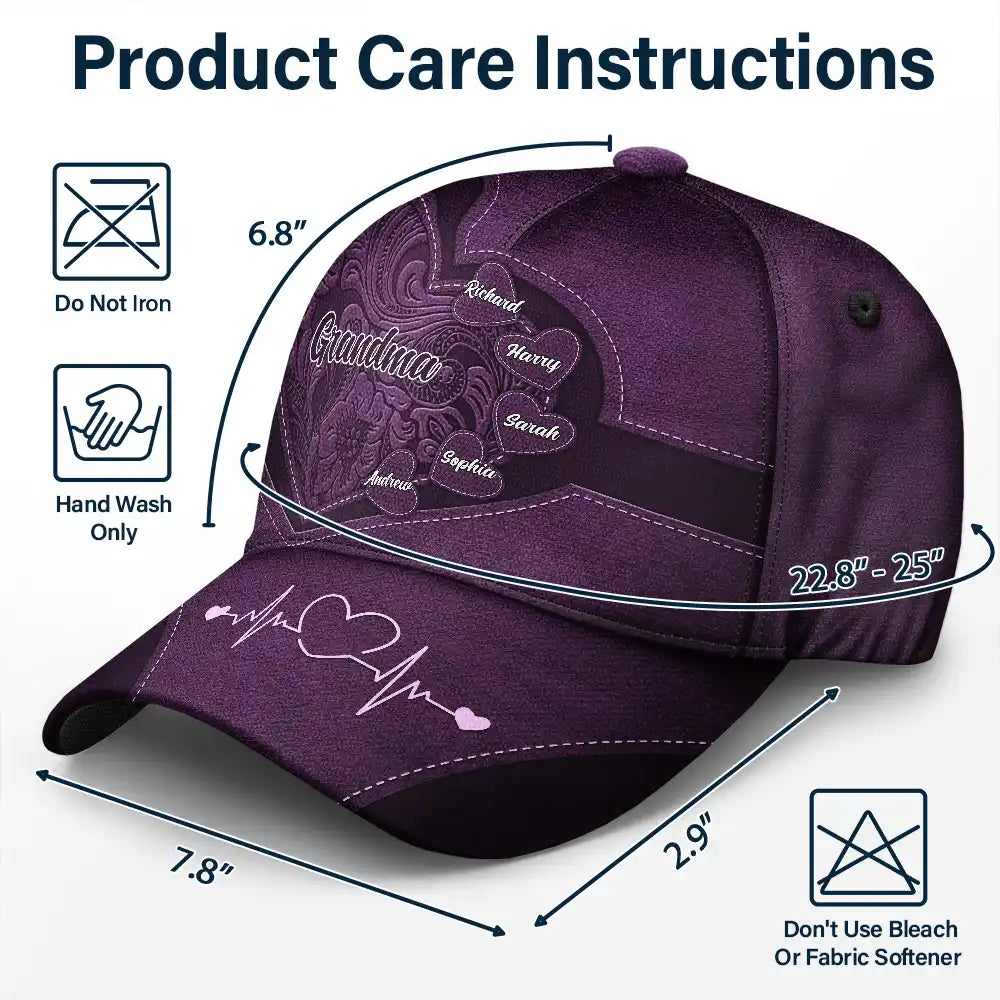 Purple Grandma's Little Sweethearts Cap, care instructions, polyester-cotton, adjustable.