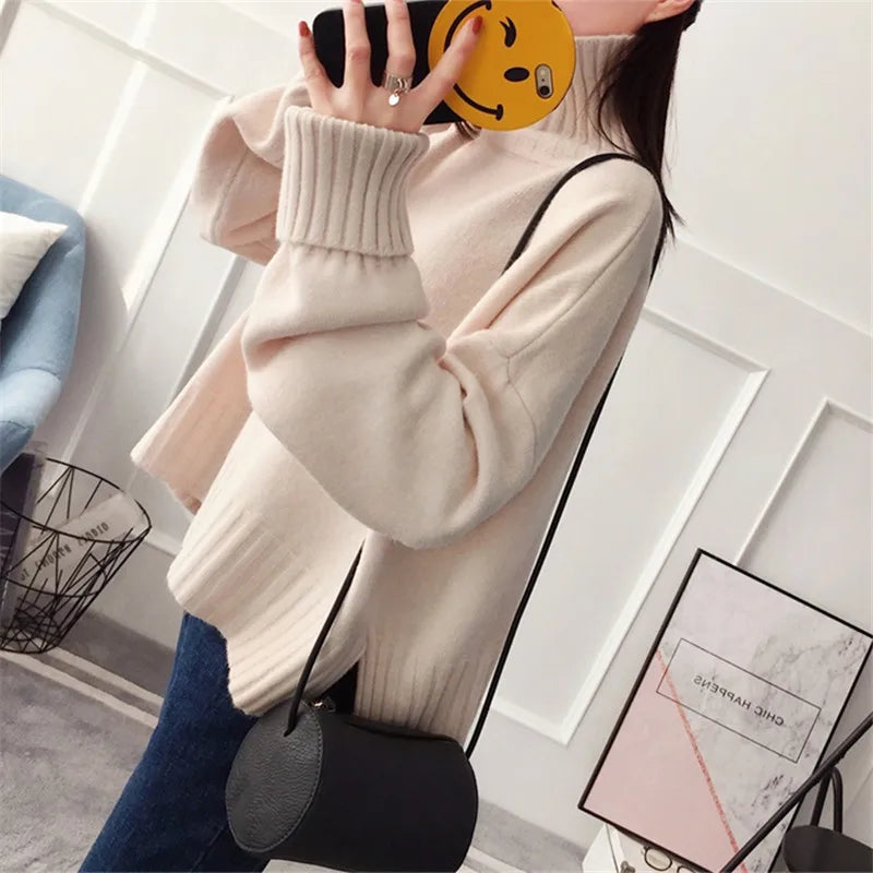 High Quality Soft Thick Warm Red High Collar Knitted Pullover Sweater Loose Casual Turtleneck Knit Jumper