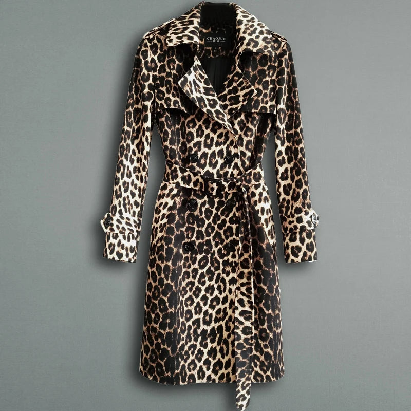 New British Leopard  Trench Coat Spring Fashion Slim With Belt Double Breasted Long Windbreaker