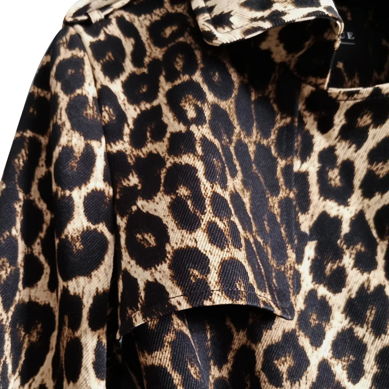 New British Leopard  Trench Coat Spring Fashion Slim With Belt Double Breasted Long Windbreaker