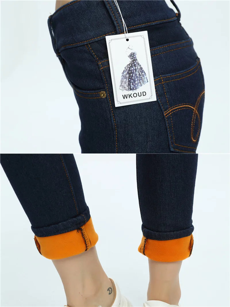 Jeans Fleeces Inside Thickening Denim Pants High Waist Warm Trousers Snow Jeans Pants