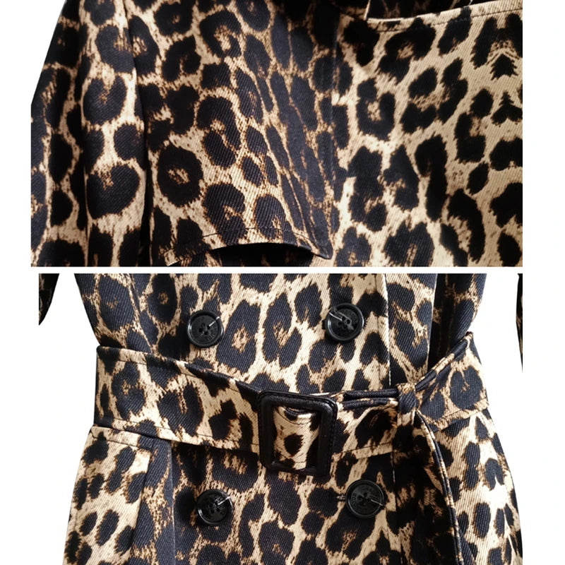 New British Leopard  Trench Coat Spring Fashion Slim With Belt Double Breasted Long Windbreaker