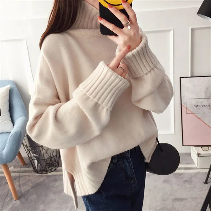 High Quality Soft Thick Warm Red High Collar Knitted Pullover Sweater Loose Casual Turtleneck Knit Jumper