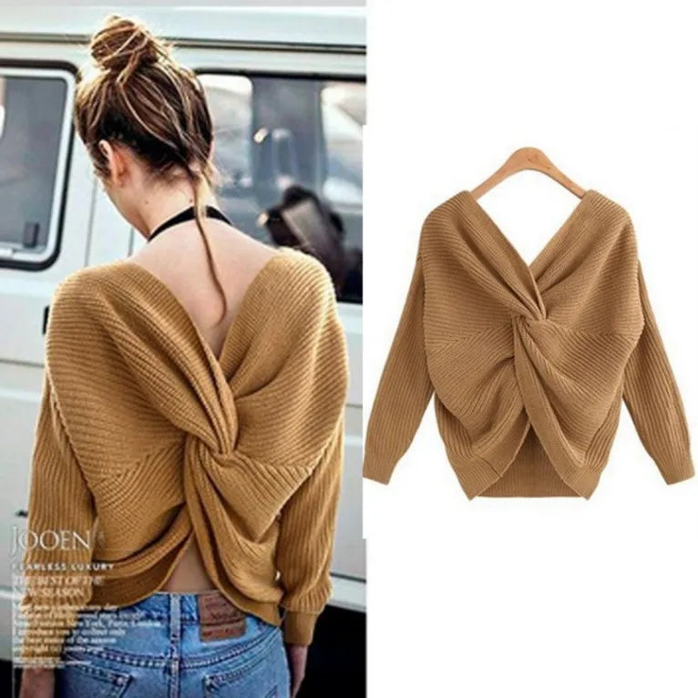 V Neck Beauty Back Knitted Jumper Pull Loose Sweater