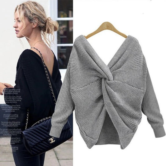 V Neck Beauty Back Knitted Jumper Pull Loose Sweater