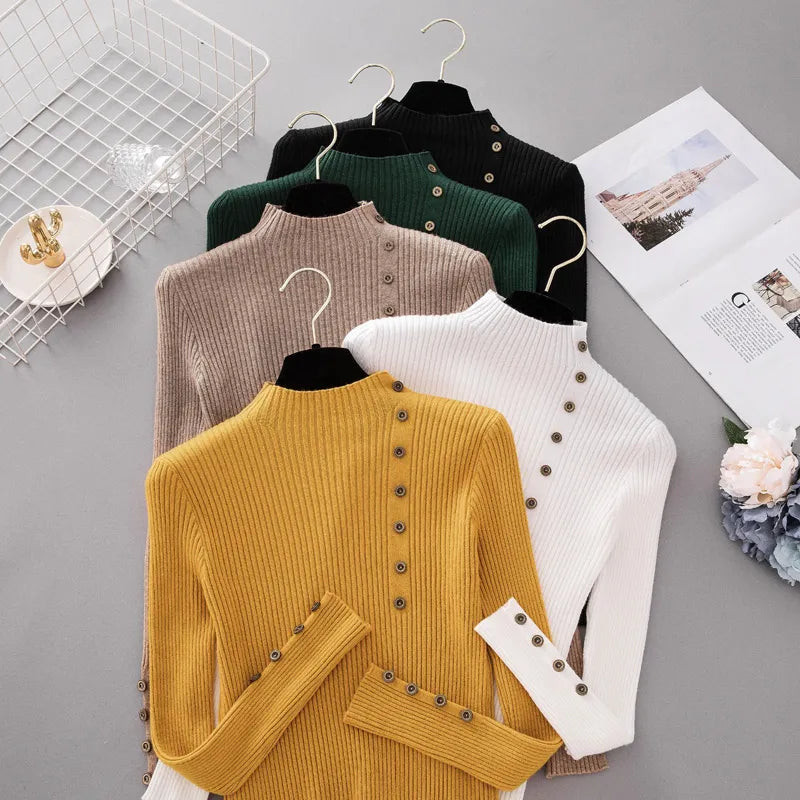 New Fashion Button Turtleneck Sweater Solid Knitted Slim Soft Jumper  Knit Tops