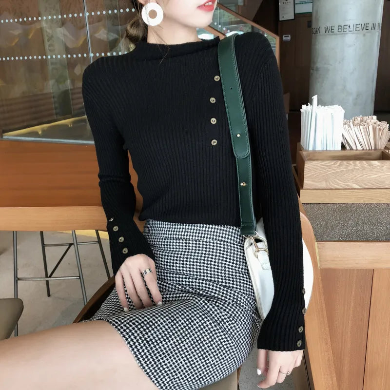 New Fashion Button Turtleneck Sweater Solid Knitted Slim Soft Jumper  Knit Tops