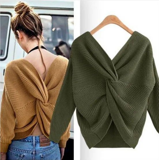 V Neck Beauty Back Knitted Jumper Pull Loose Sweater