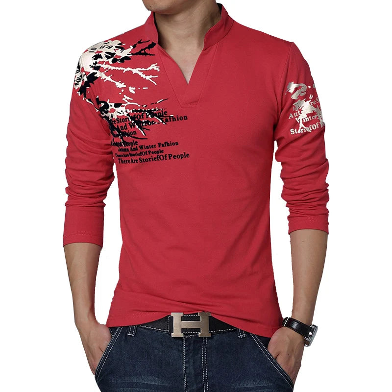 Neue Mode Blume Drucken V-Ausschnitt Langarm Casual T-Shirt