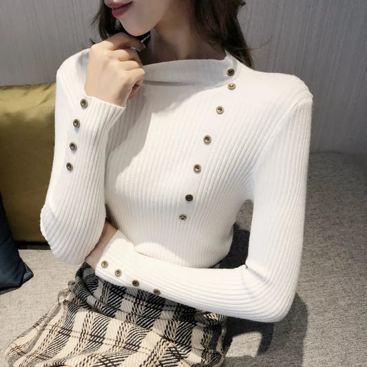 New Fashion Button Turtleneck Sweater Solid Knitted Slim Soft Jumper  Knit Tops