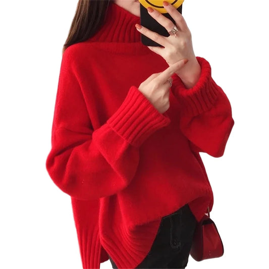 High Quality Soft Thick Warm Red High Collar Knitted Pullover Sweater Loose Casual Turtleneck Knit Jumper
