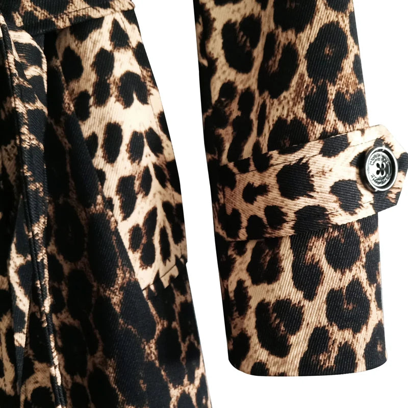 New British Leopard  Trench Coat Spring Fashion Slim With Belt Double Breasted Long Windbreaker
