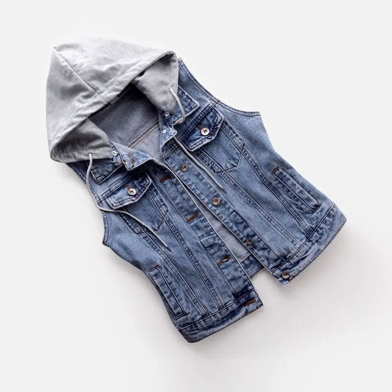 Kurze Denim Weste Abnehmbare Kapuze Seitentaschen Ärmellose Jeans Jacke