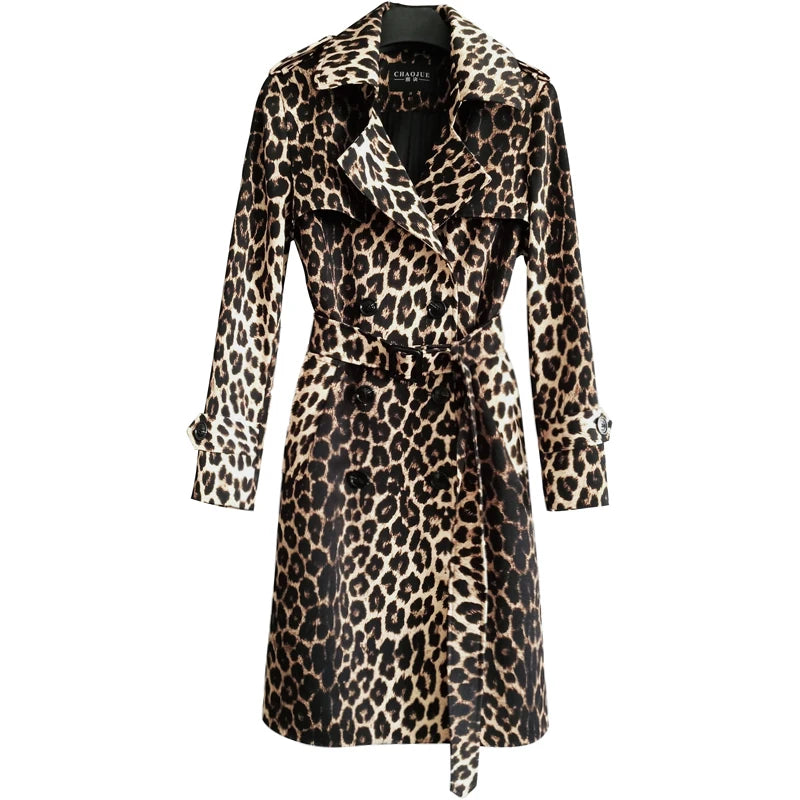 New British Leopard  Trench Coat Spring Fashion Slim With Belt Double Breasted Long Windbreaker