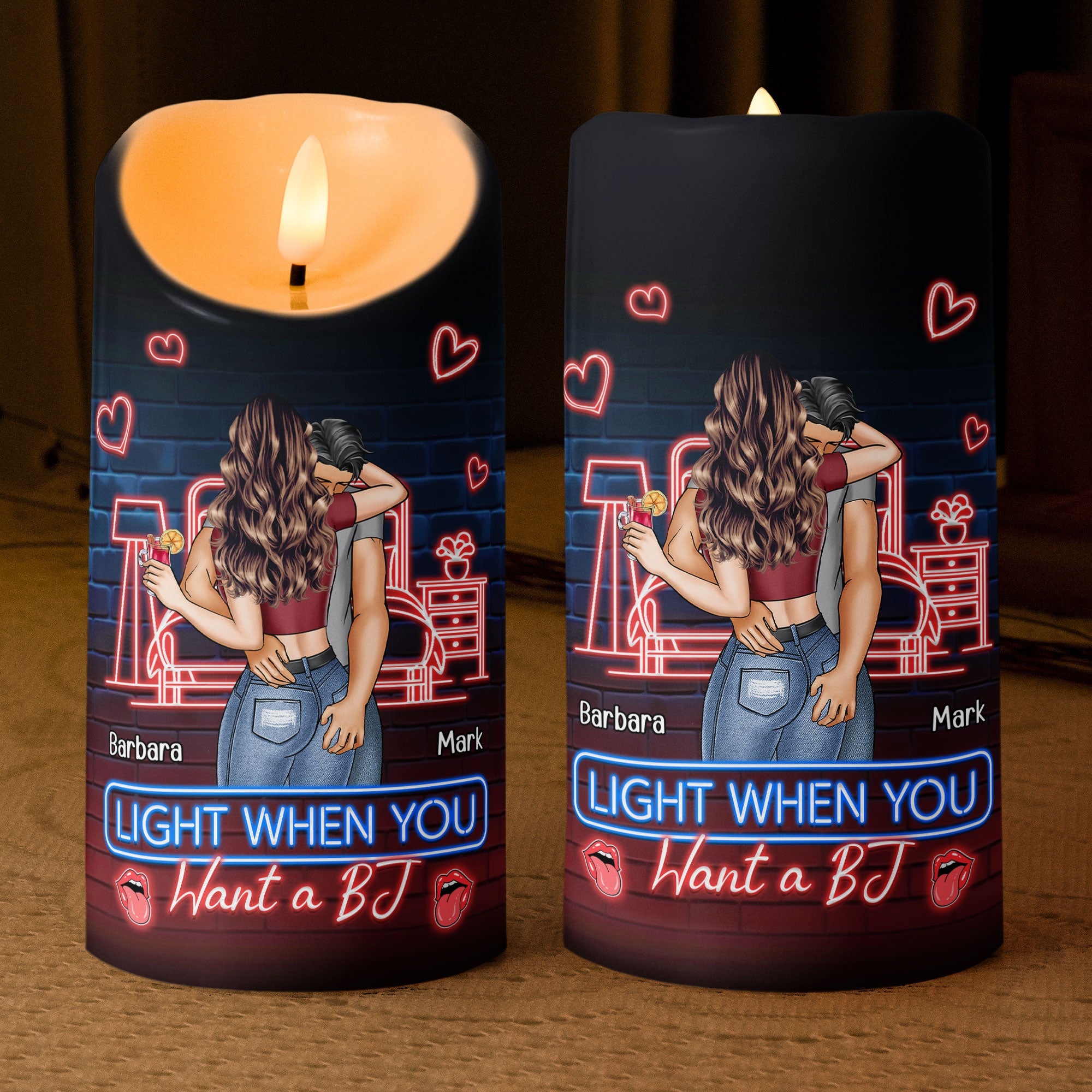 Personalized LED candle with 'Light when you want a BJ' message, perfect for intimate moments.