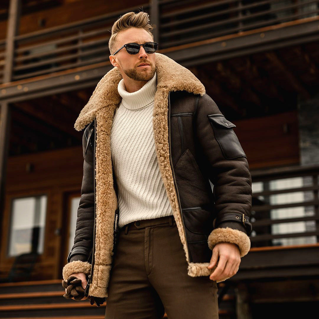 Leather and Fur Integrated Men's Jacket Thickened Mid length Jacket Autumn and Winter