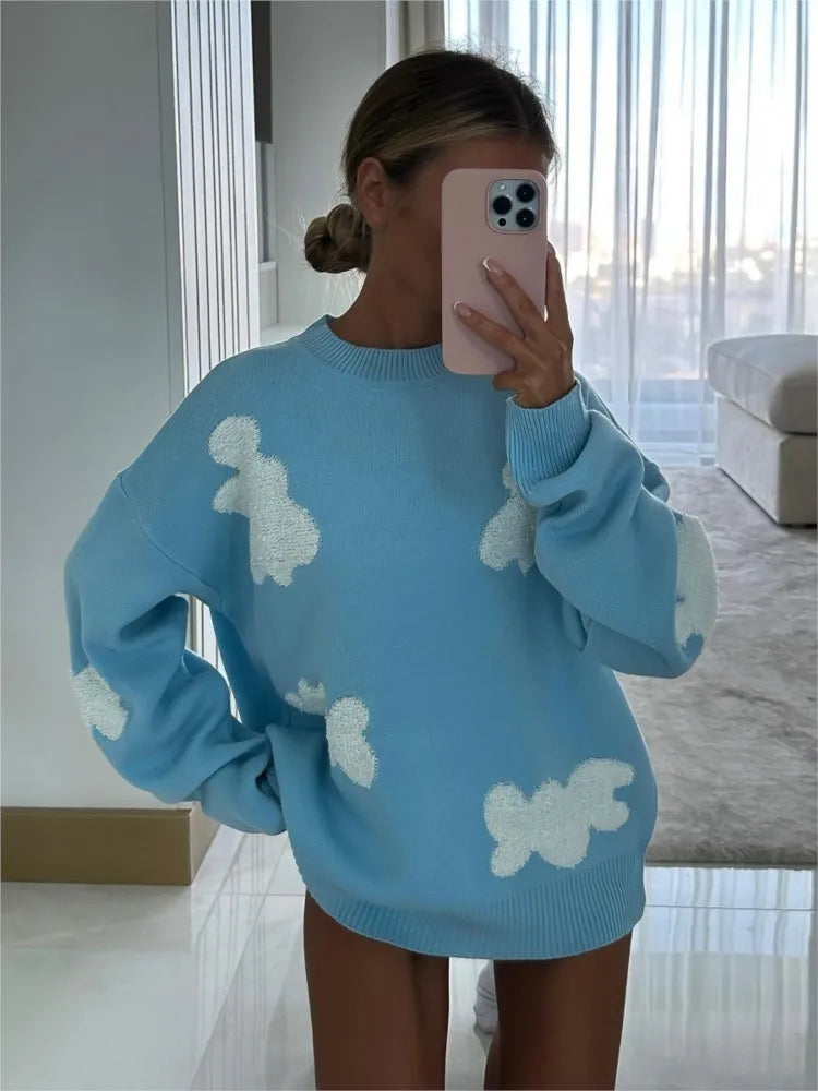 Loose New Heart Embroidery Knitted Pullover Fashion O Neck Long Sleeve Sweater