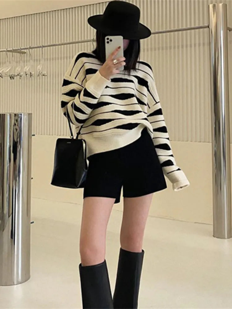 Sweater Oversize Loose  Casual Korean Fashion Print Striped Knitted Pullover