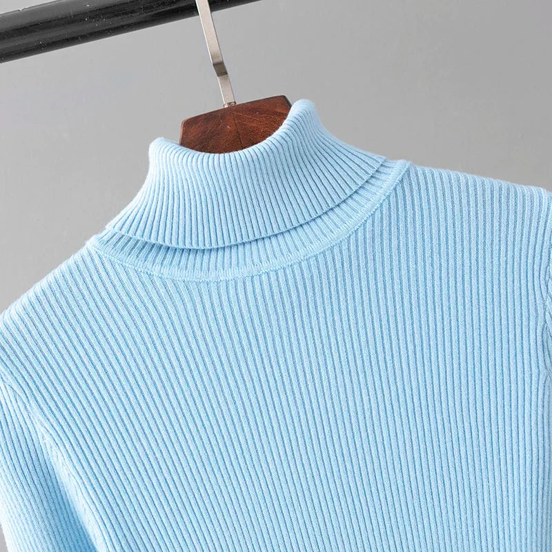 Skinny Elastic Basic Turtleneck Knit  Warm Soft Pullovers Full