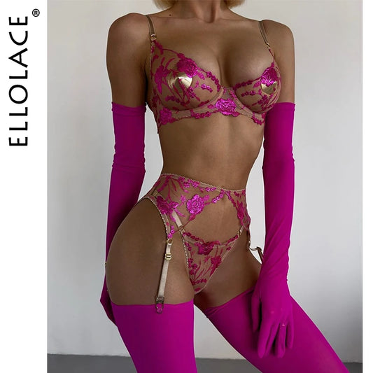 Ellolace Romantic Lingerie For Sex Transparent Bra Attractive Chest Suspenders Peekaboo Onlyfans Bilizna Set Lace Underwear