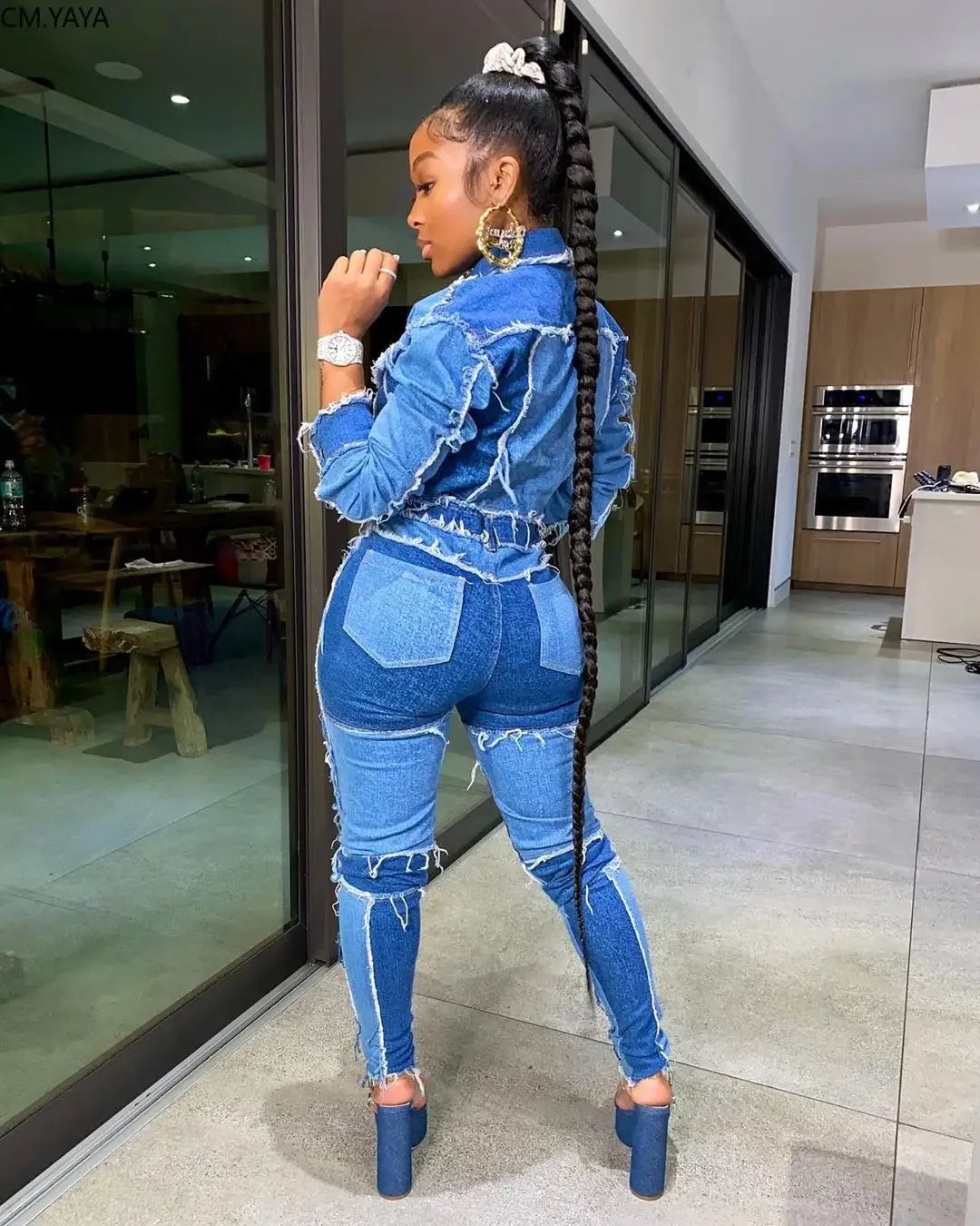 Streetwear Long Sleeve Button Up Denim Jackets Fashion Sexy Patchwork Jeans Coat Tops
