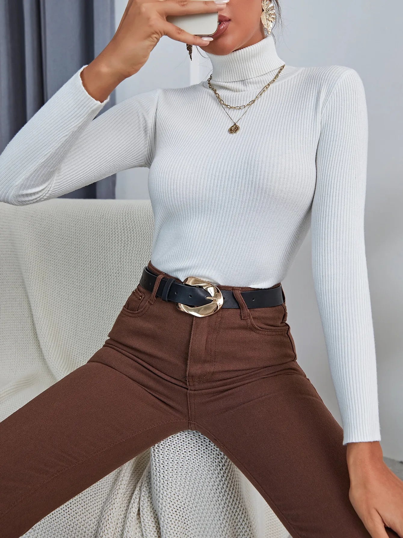Rib Knit Foldover Turtleneck Pull Sweater Casual Soft Jumper Stretch  Top Bottoming Shirt