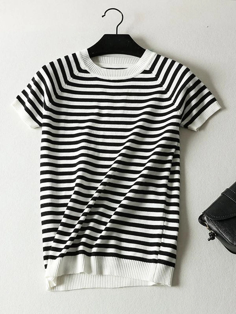 Short Sleeve Striped Sweater Knitted O-Neck Tops Korean Pull Jumper