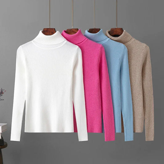 Skinny Elastic Basic Turtleneck Knit  Warm Soft Pullovers Full