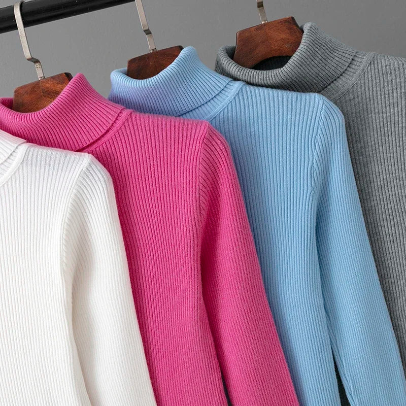 Skinny Elastic Basic Turtleneck Knit  Warm Soft Pullovers Full