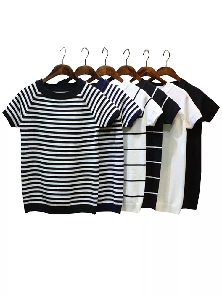 Short Sleeve Striped Sweater Knitted O-Neck Tops Korean Pull Jumper