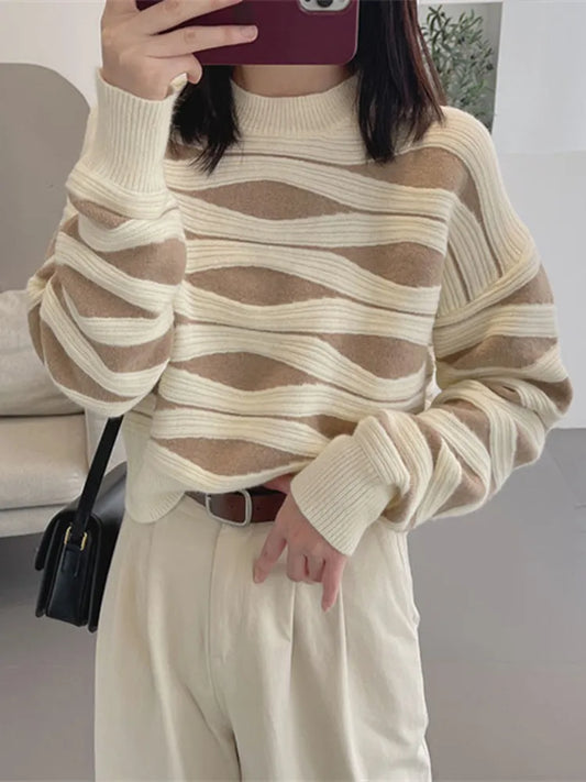 Sweater Oversize Loose  Casual Korean Fashion Print Striped Knitted Pullover