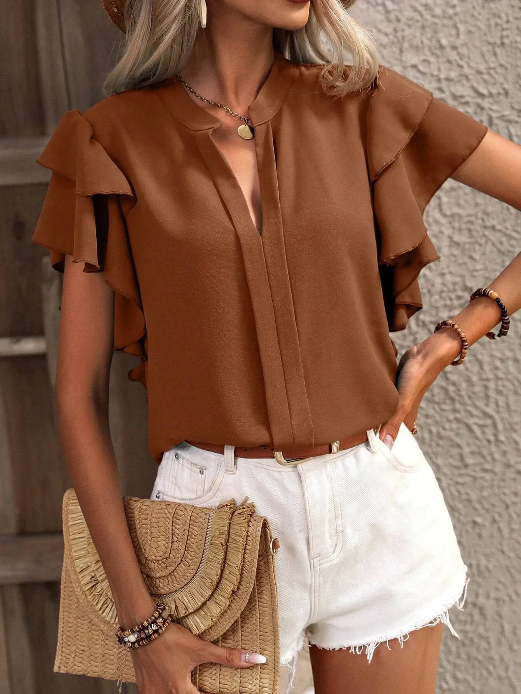 Ruffle Sleeve Notched Blouse - tif-shop24.de