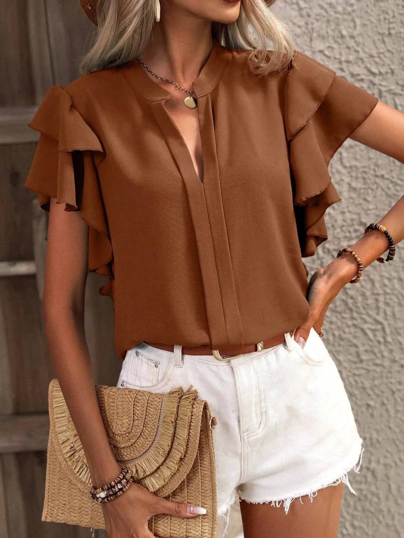 Ruffle Sleeve Notched Blouse - tif-shop24.de