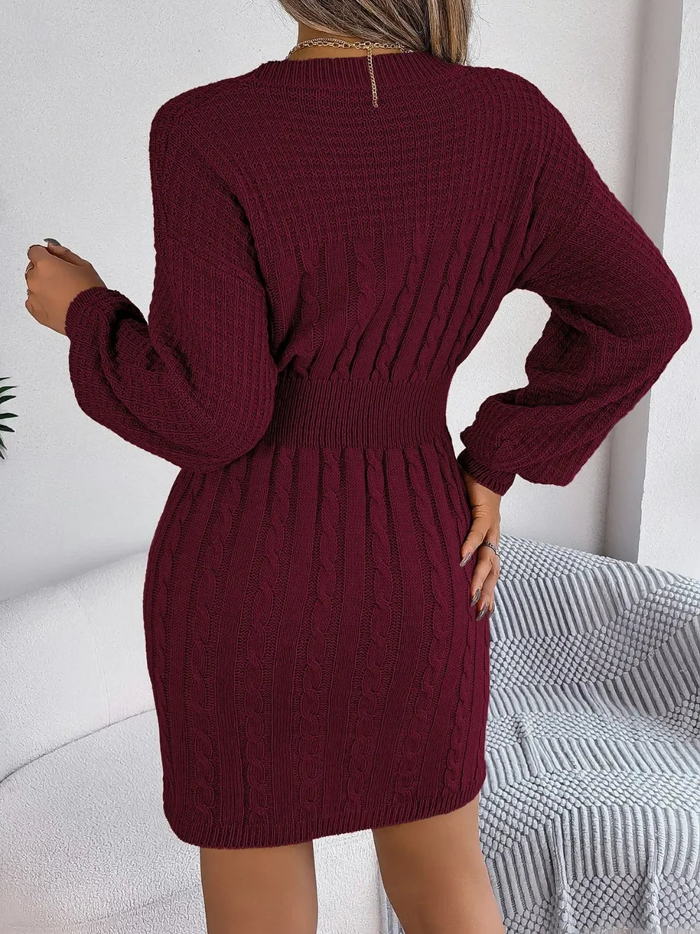 Cable-Knit Cutout Round Neck Slit Sweater Dress - tif-shop24.de