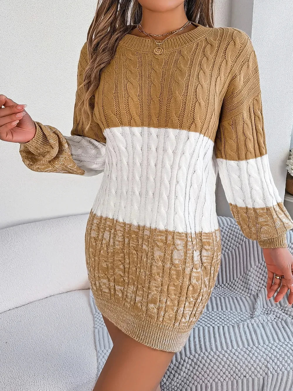 Cable-Knit Round Neck Color Block Sweater Dress - tif-shop24.de