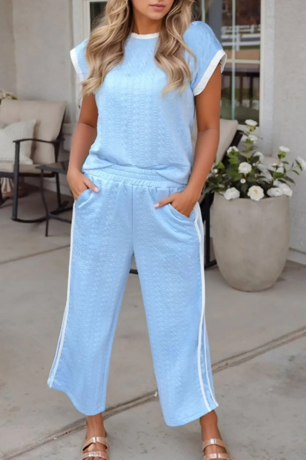 Textured Contrast Edge Top and High Waist Pants Set - tif-shop24.de