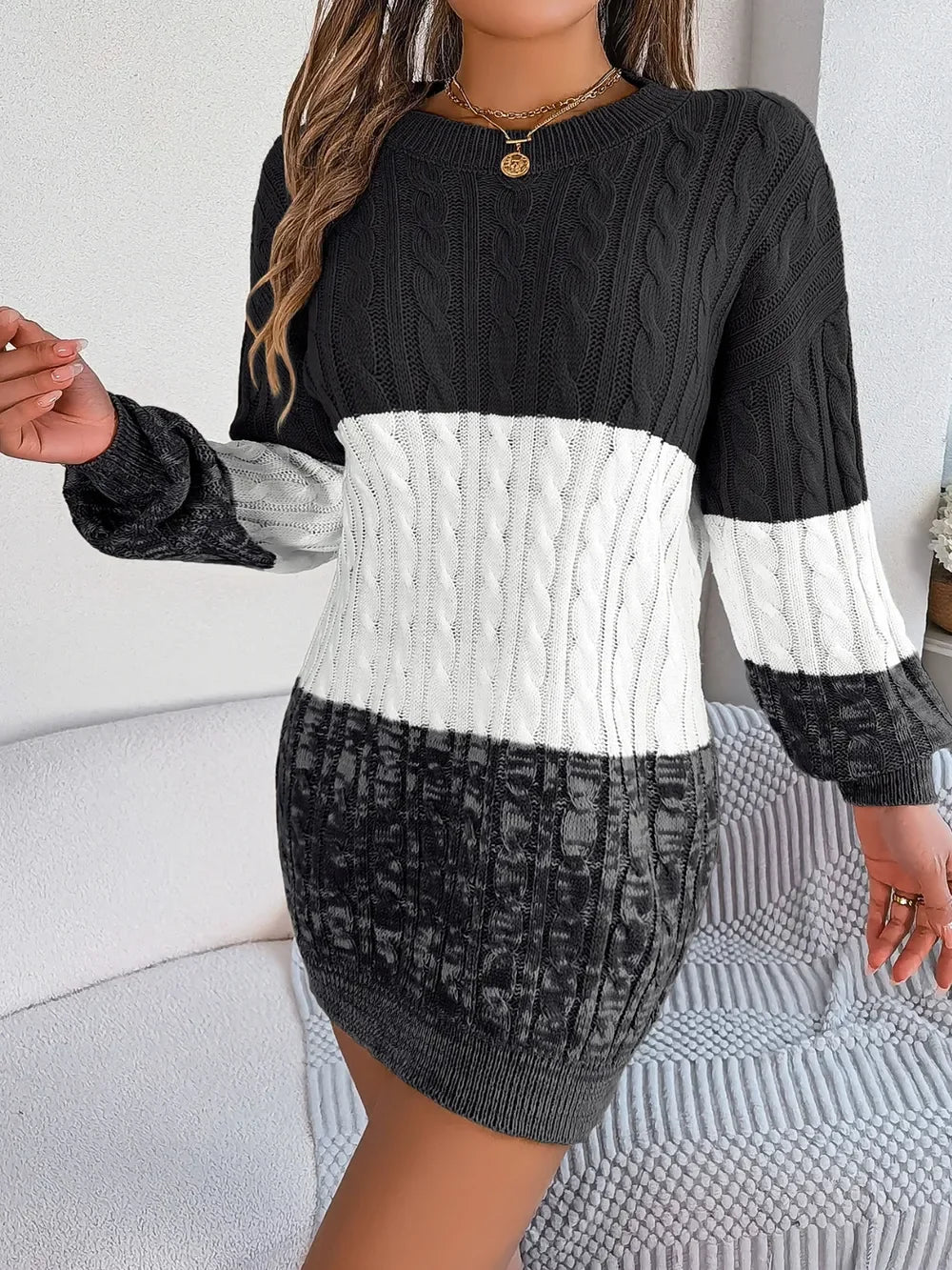 Cable-Knit Round Neck Color Block Sweater Dress - tif-shop24.de