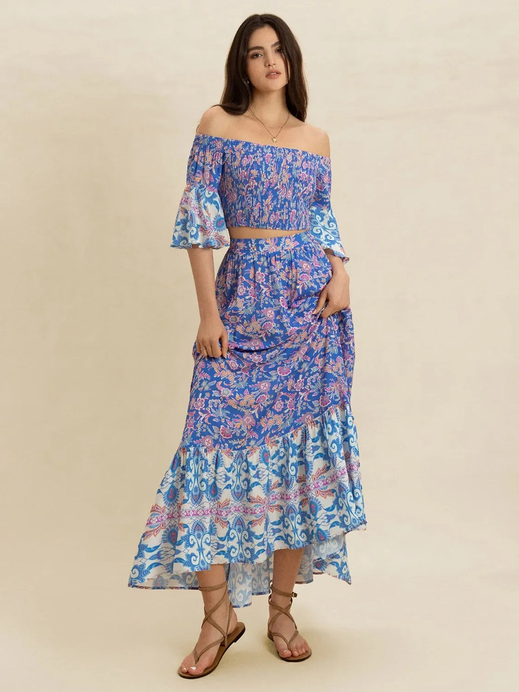 Smocked Off-Shoulder Printed Top and Skirt Set - tif-shop24.de
