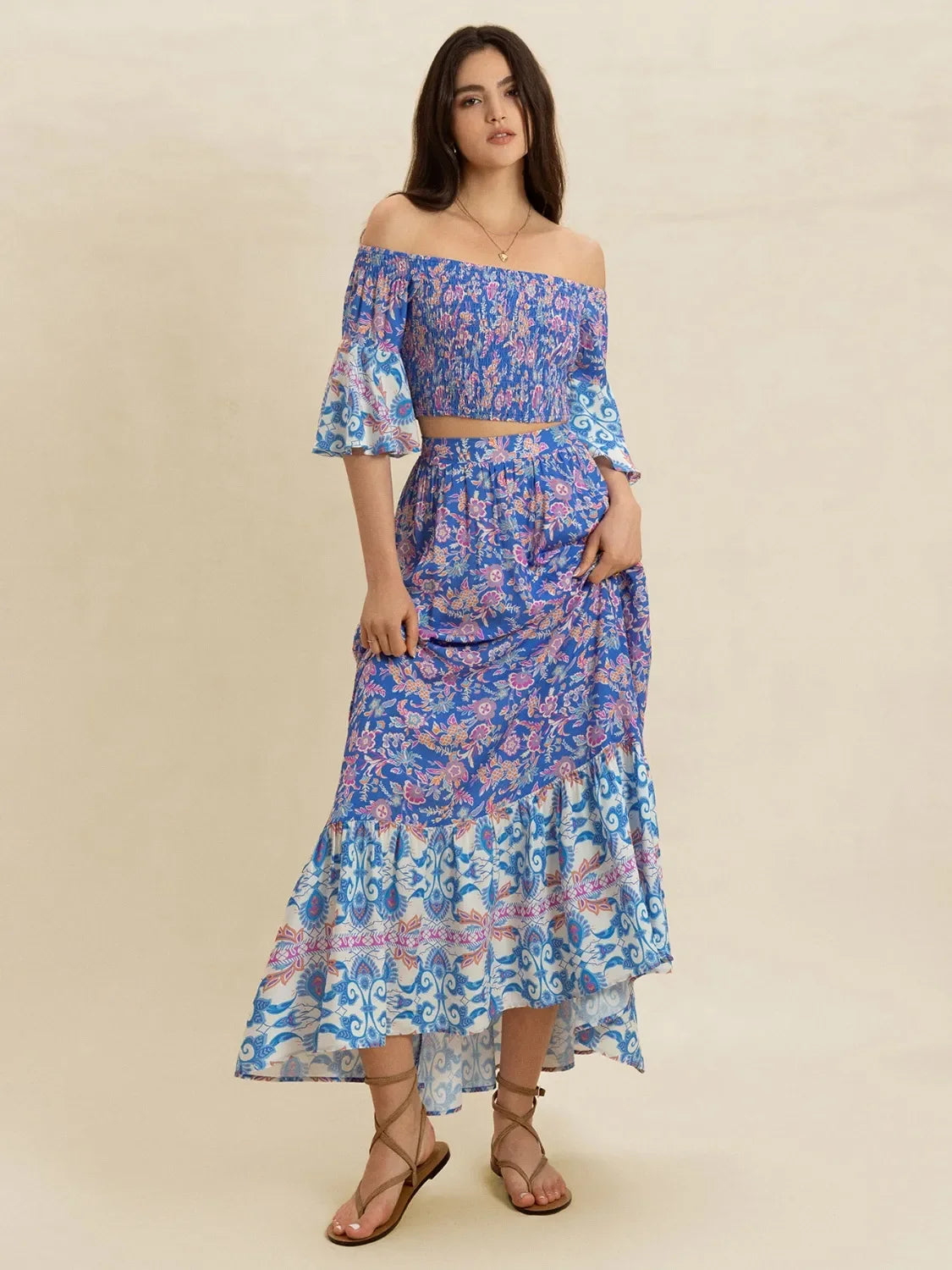 Smocked Off-Shoulder Printed Top and Skirt Set - tif-shop24.de