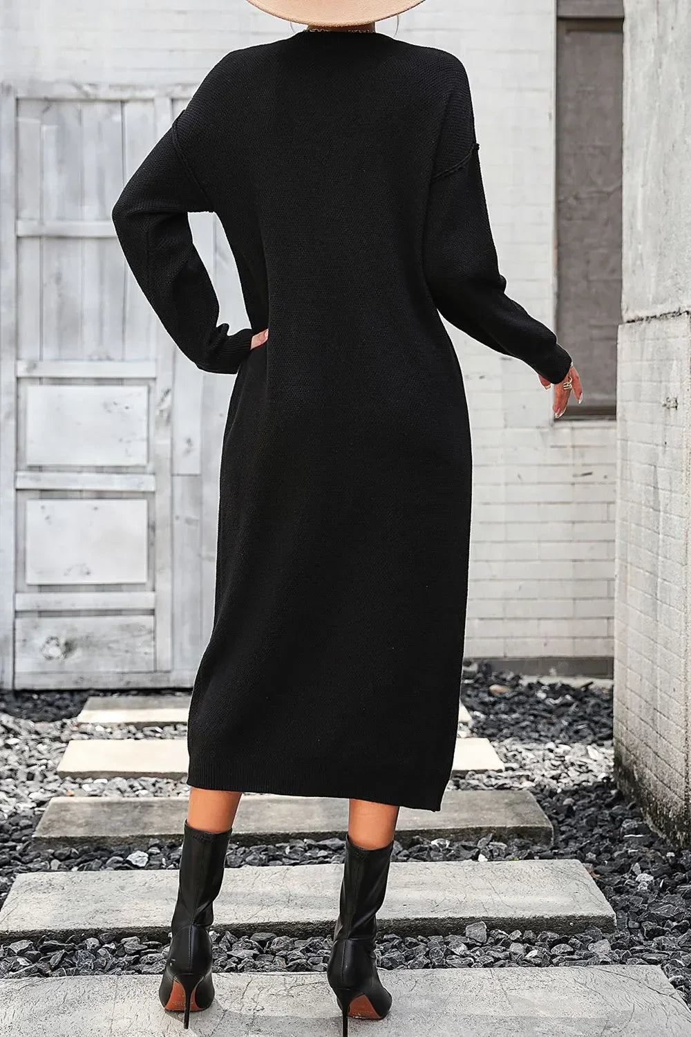 Decorative Button Notched Dropped Shoulder Sweater Dress - tif-shop24.de