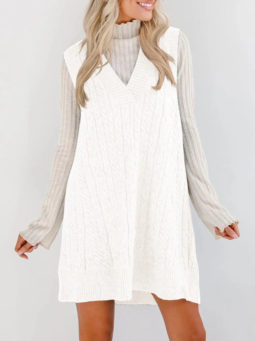 Lovelet Cable Knit V-Neck Mini Sweater Overall Dress - tif-shop24.de