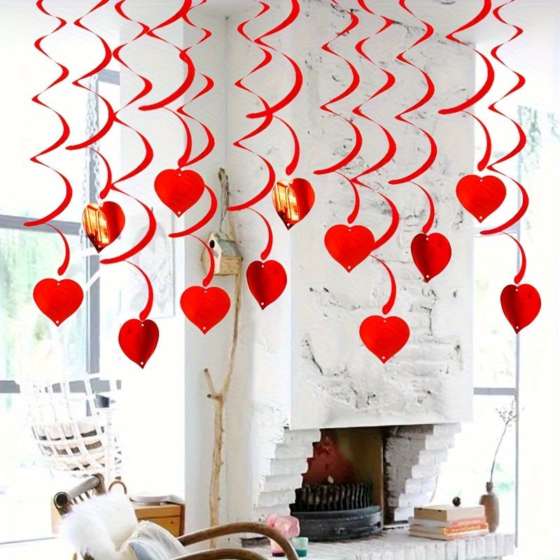 6 Stück glänzende rote hängende Herz-Wirbel, rote Herzdekorationen für Party, Valentinstag, Jubiläumsdekoration