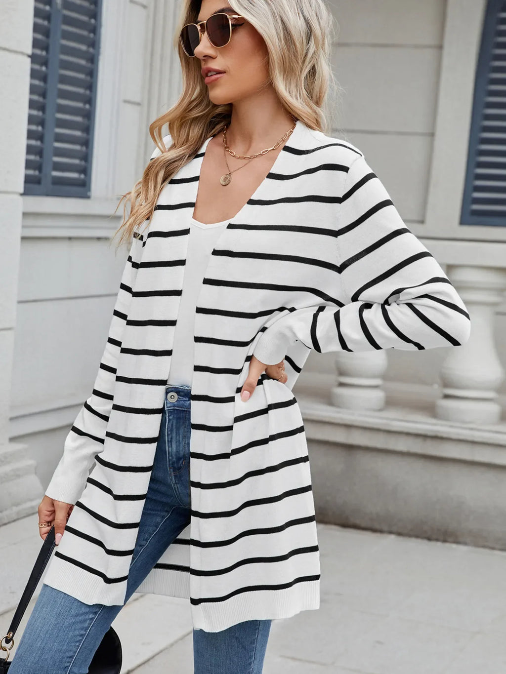 Striped Open Front Cardigan with Relaxed Fit - tif-shop24.de