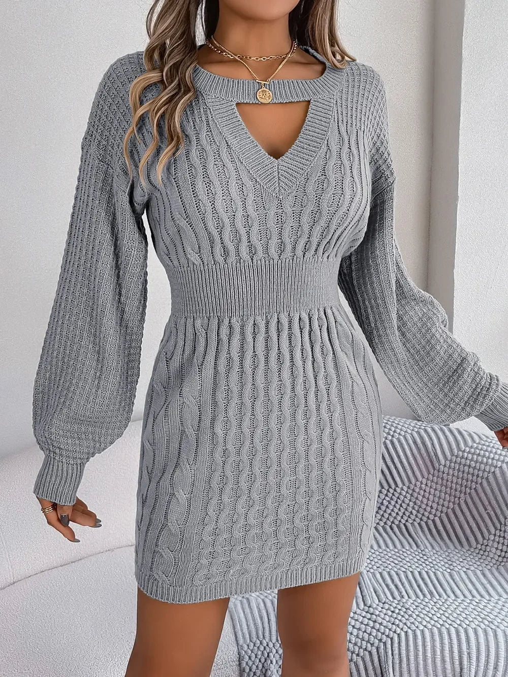 Cable-Knit Cutout Round Neck Slit Sweater Dress - tif-shop24.de