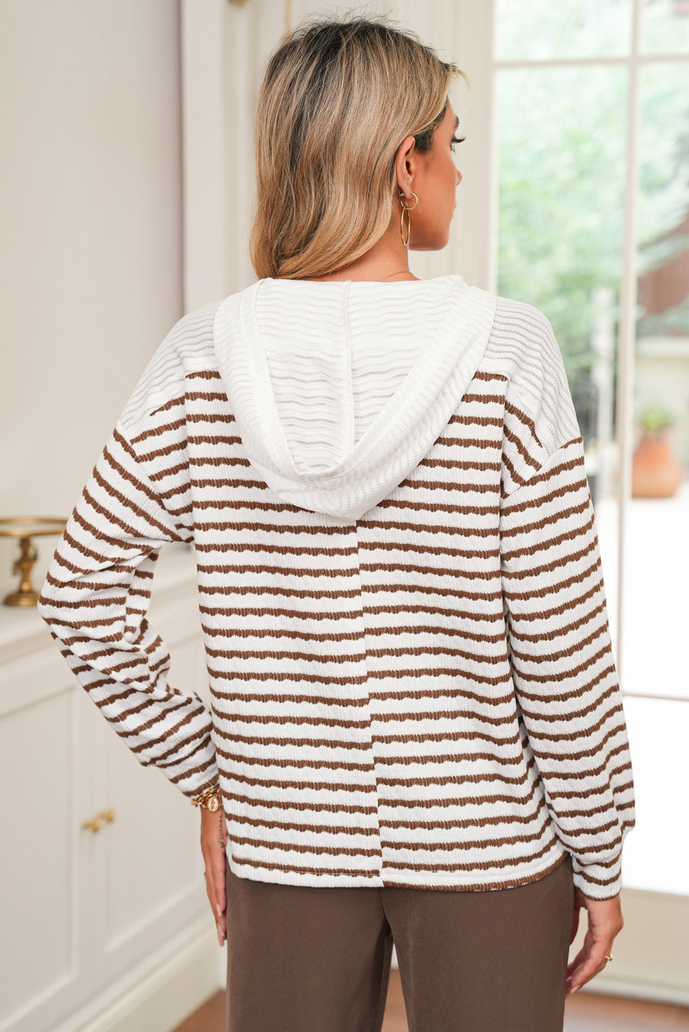 Khaki Stripe Textured Hooded Long Sleeve Top