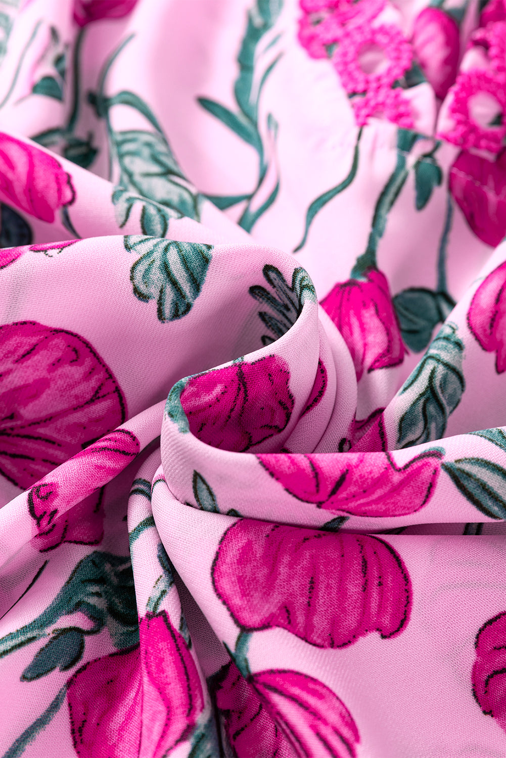 Pink Floral Print Lace Detail Frill V Neck Blouse