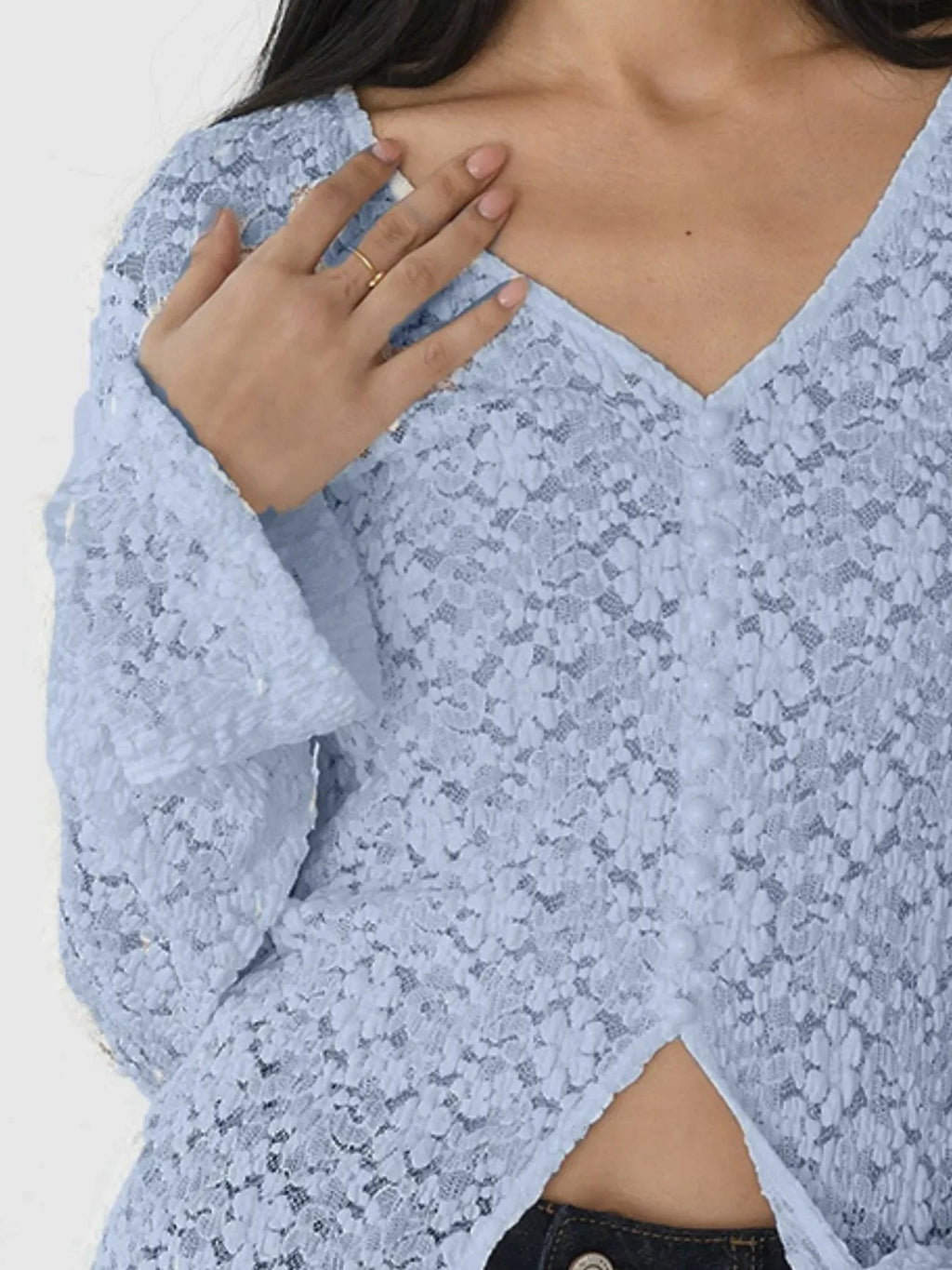 Lace V-Neck Flare Sleeve T-Shirt - tif-shop24.de