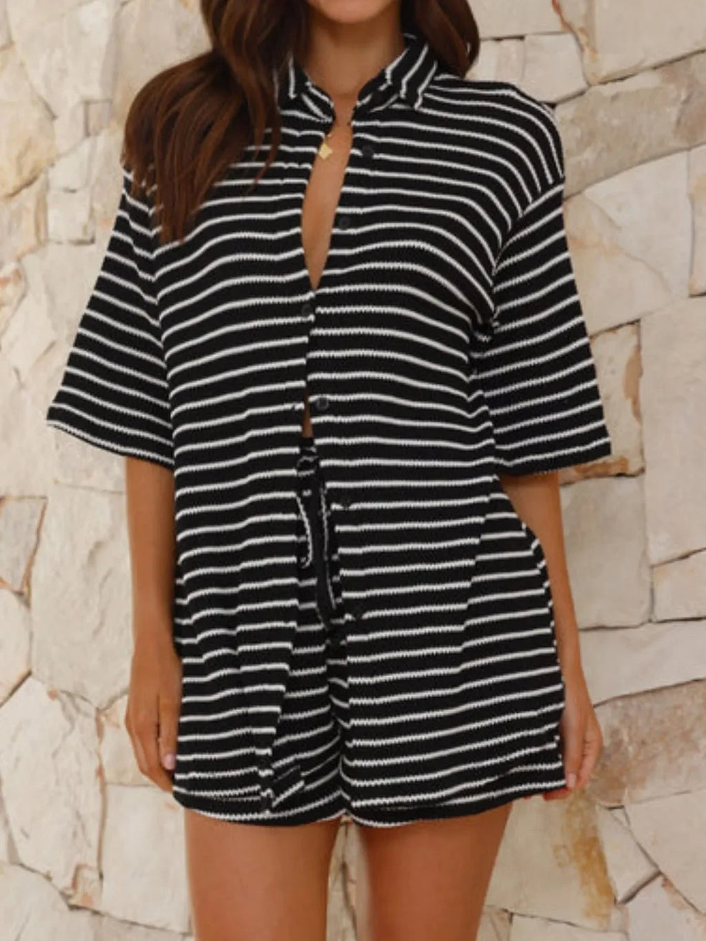 Striped Half Sleeve Top and Shorts Set - tif-shop24.de