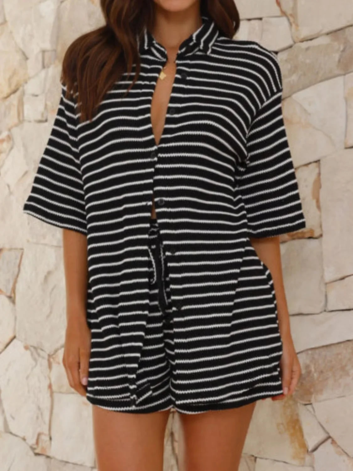 Striped Half Sleeve Top and Shorts Set - tif-shop24.de