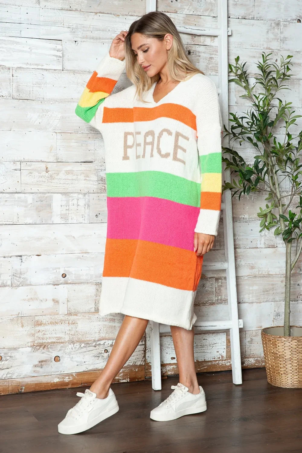 Color Block V-Neck Long Sleeve Sweater Dress - tif-shop24.de
